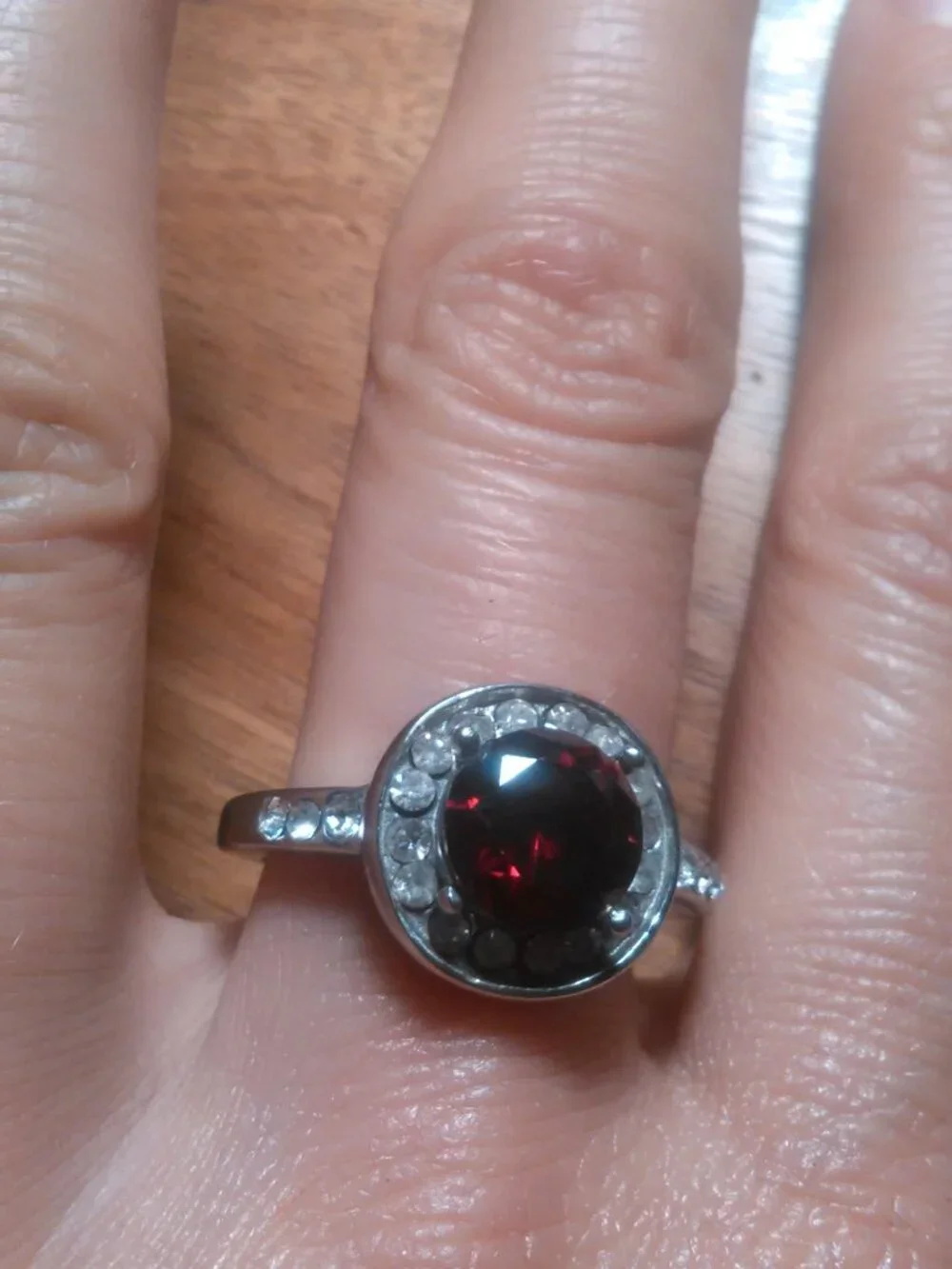 Simulated Ruby and White Crystal Silvertone Ring (Size 9.75)
